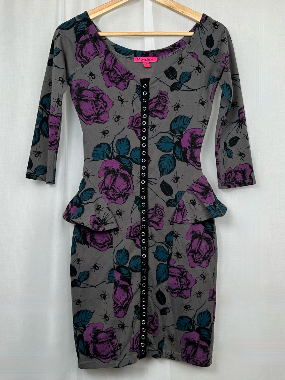 VTG Betsey Johnson Spider Rose Peplum Dress Size P ASO Aria Montgomery Goth Y2K - Picture 1 of 11